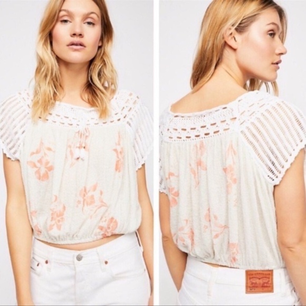 Free People Day Trippin Crochet Floral Crop Top Ivory Peach Boho Blouse Sz Small